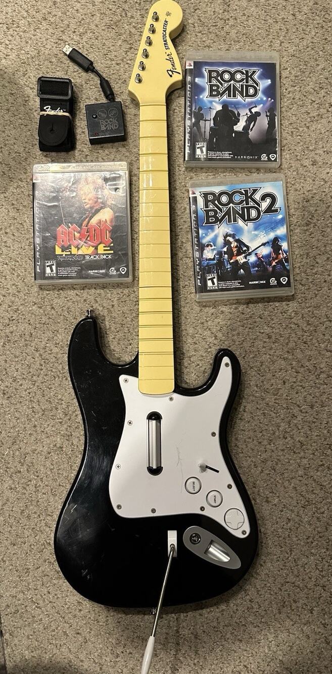 Rock Band Guitar PS3 Fender Wireless w Dongle 3 Games Rockband PlayStation 3